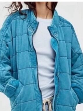 Free People doleman Quilted knit jacket Teal-Blue XS oversized